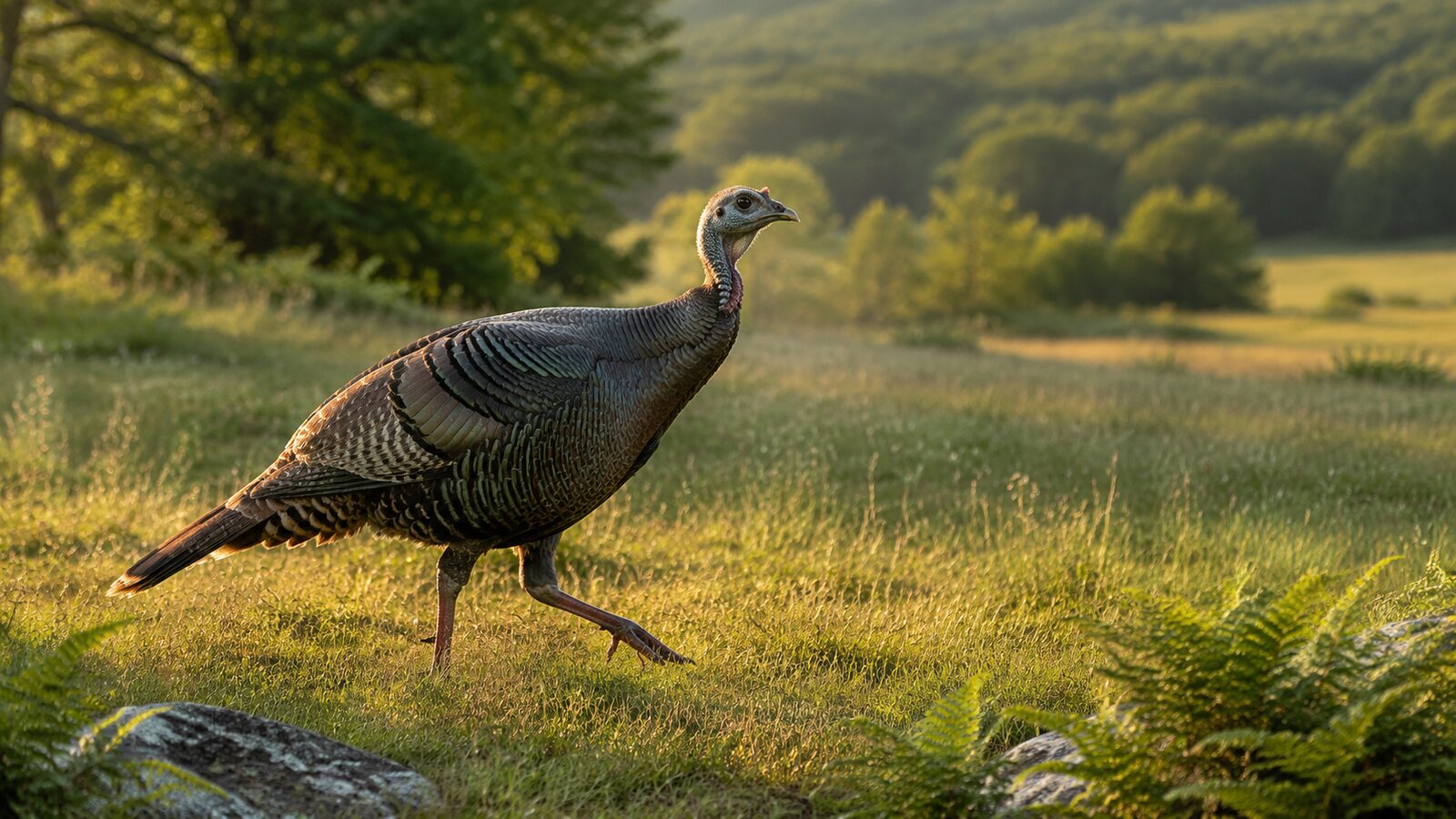 A Wild Turkey walking through a meadow, showing its feathered body and scaled legs