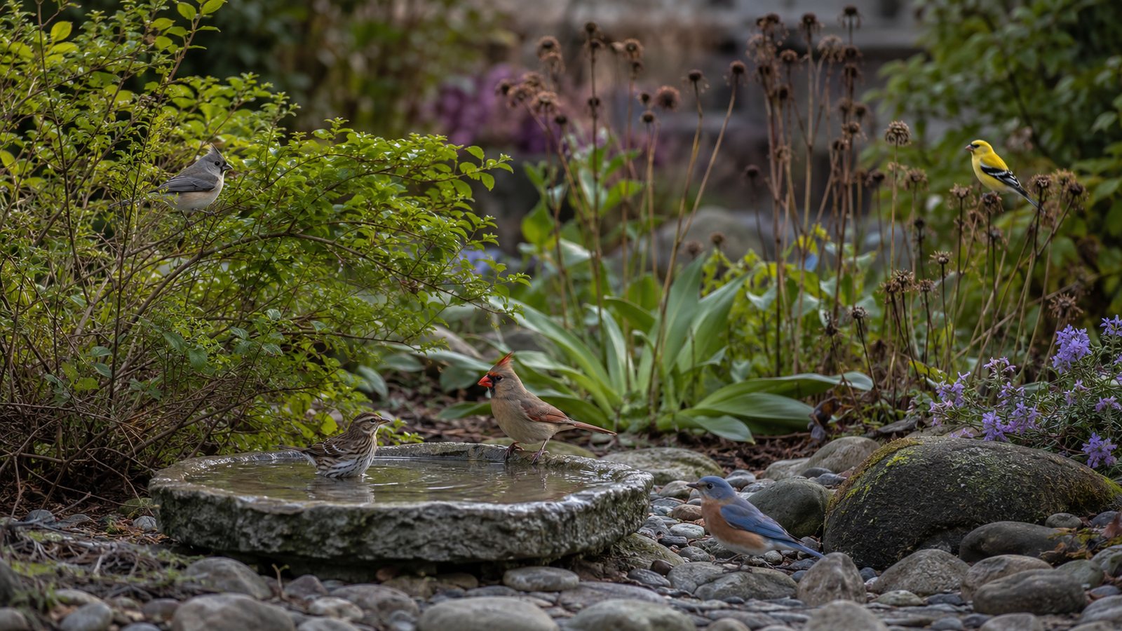 North American songbirds using a native garden and shallow stone bird bath