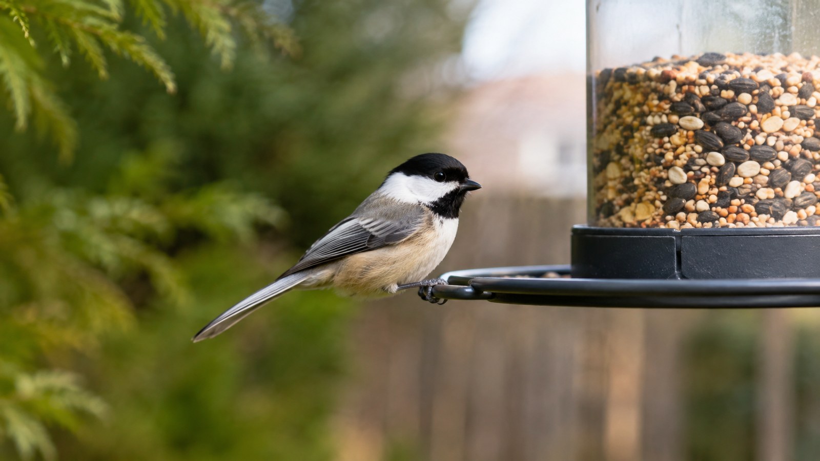 A Black-capped Chickadee visiting a clean backyard bird feeder