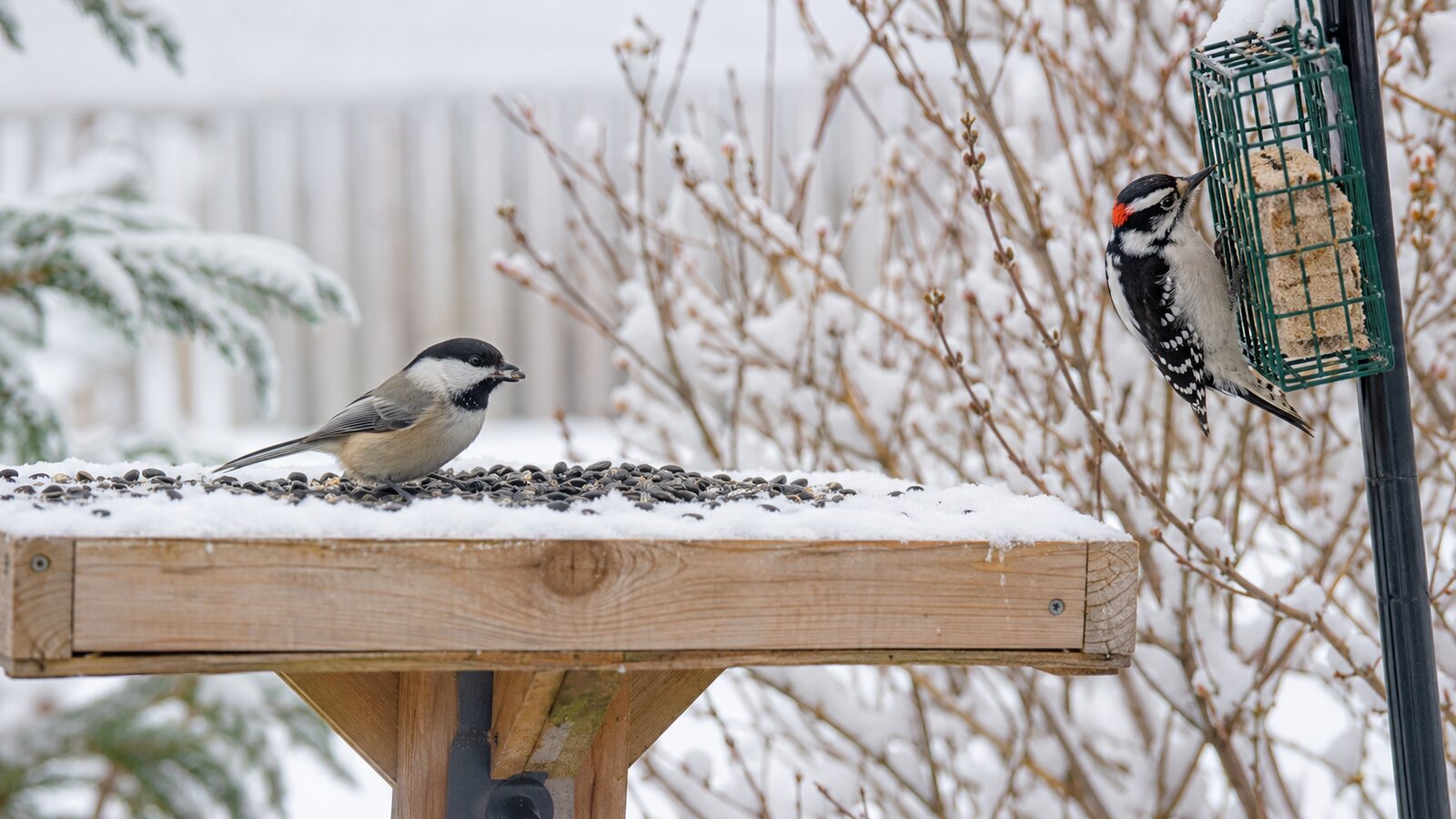 A Black-capped Chickadee and Downy Woodpecker feeding in a clean snowy backyard