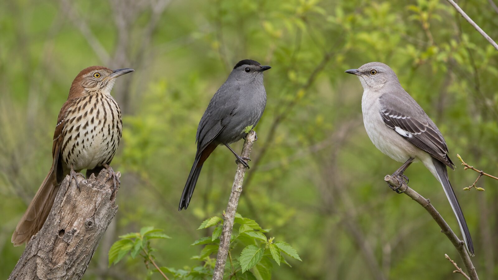 Brown Thrasher, Gray Catbird, and Northern Mockingbird in a natural shrub-edge setting