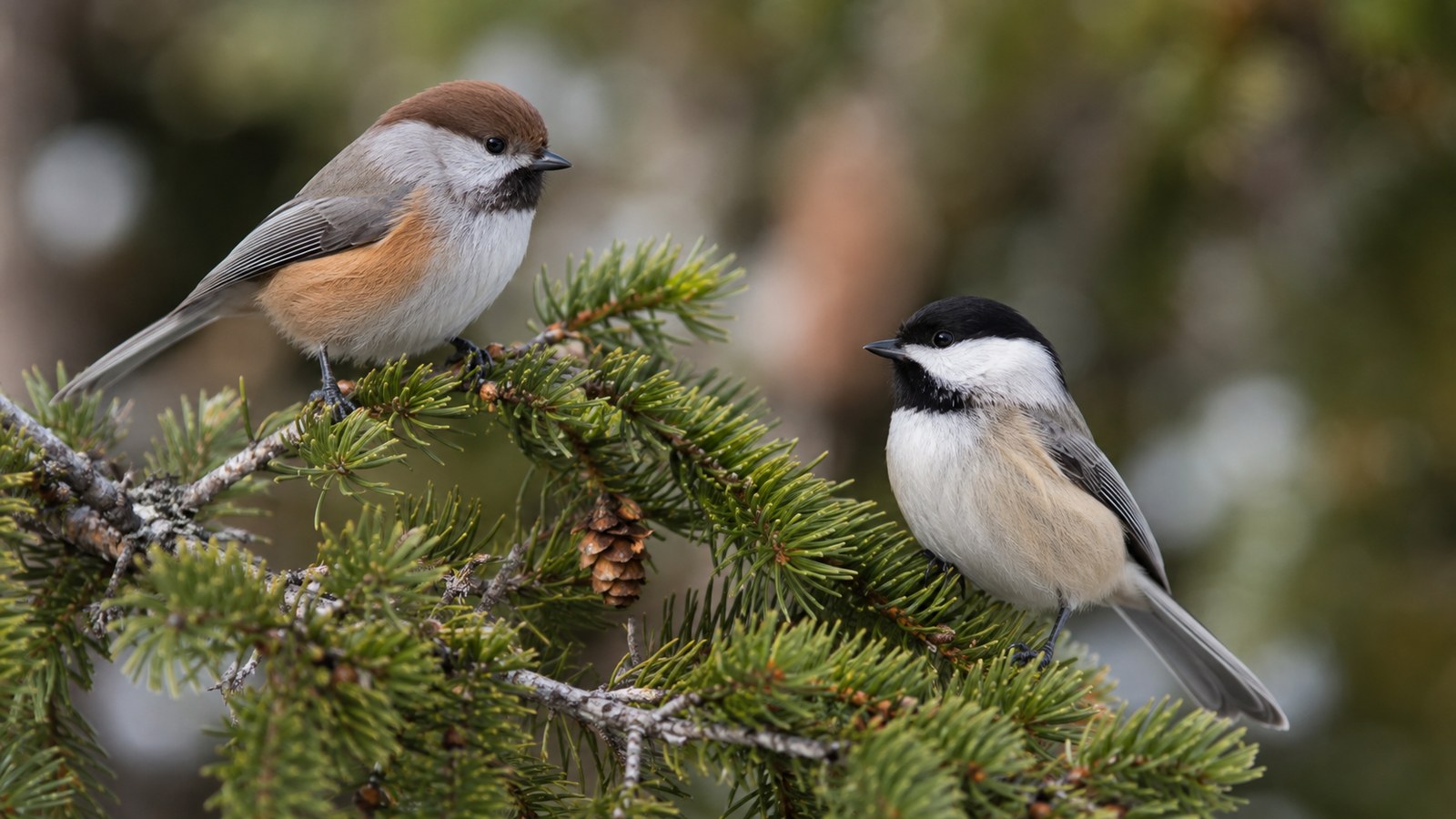 Two chickadees perched on an evergreen bough on the Chestnut-backed vs Black-capped Chickadee guide