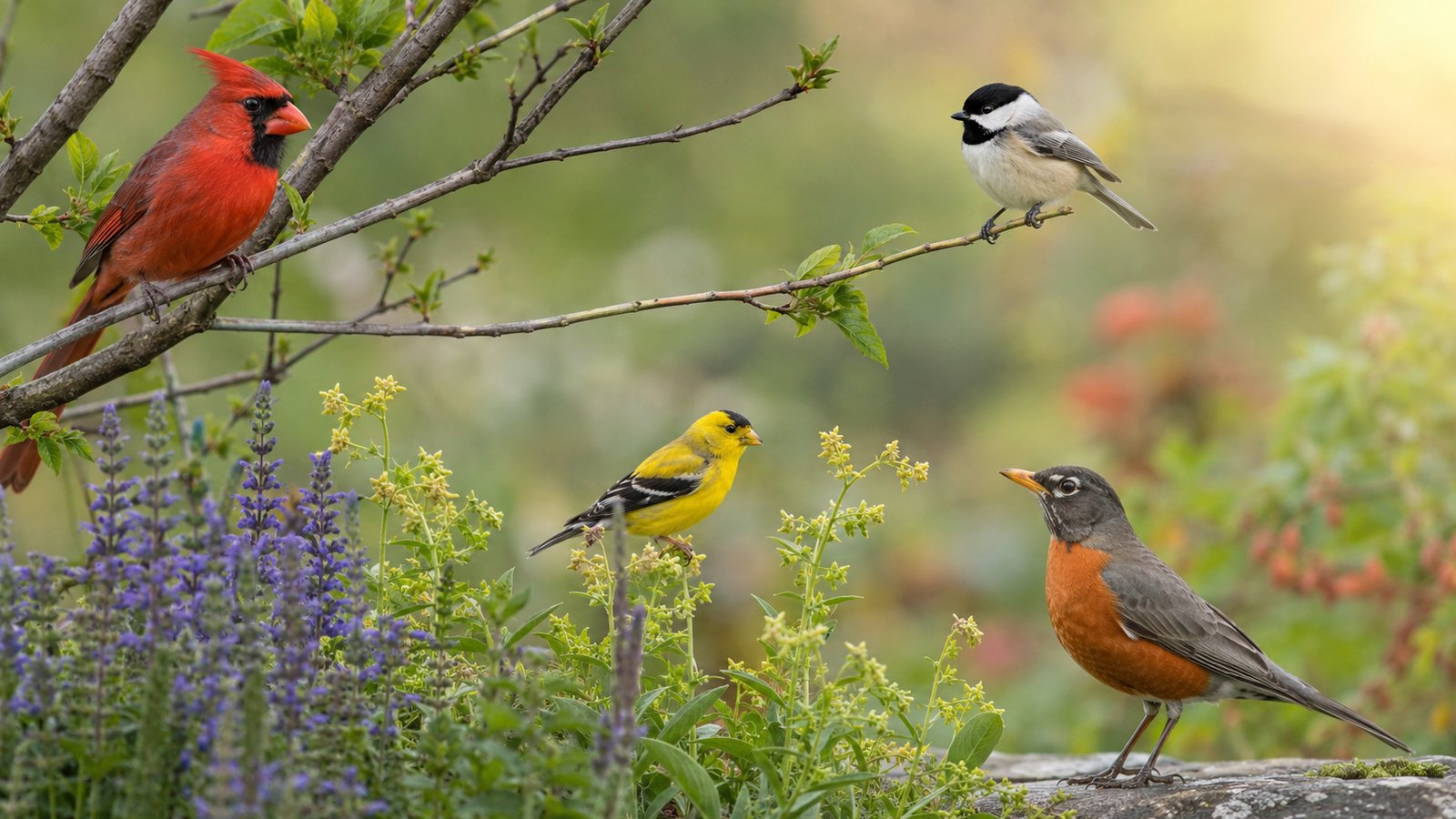 Northern Cardinal, Black-capped Chickadee, American Goldfinch, and American Robin in a garden