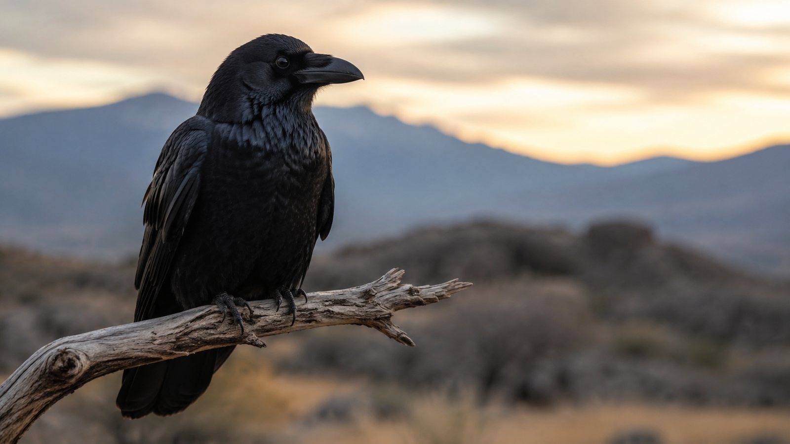 A mature Common Raven perched on a weathered branch at sunset