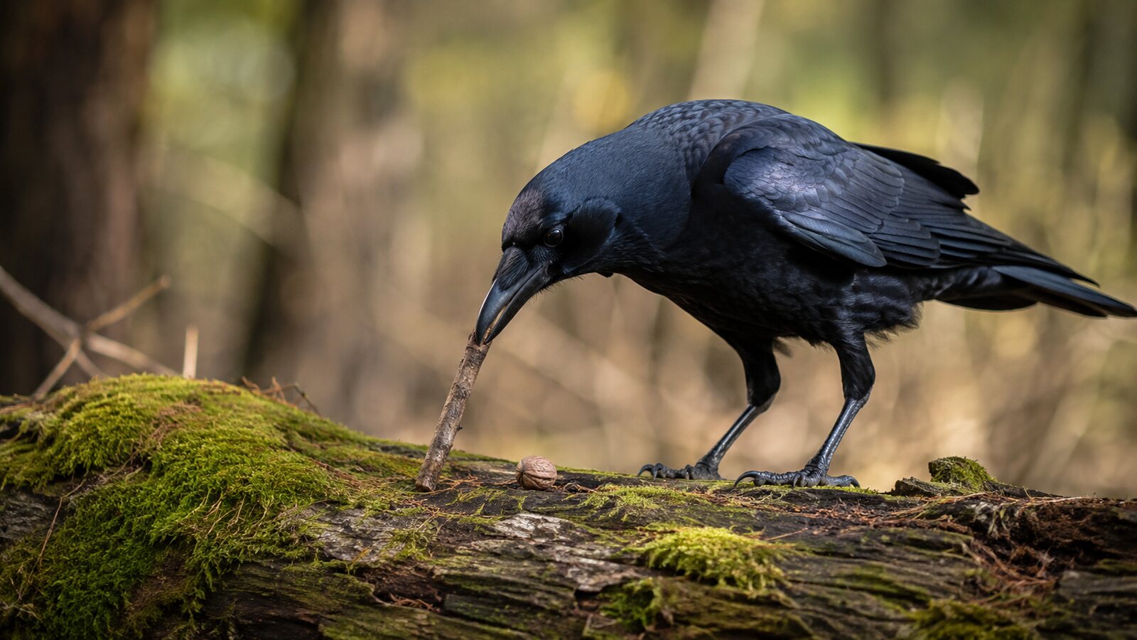 A curious American crow examining a natural object closely in a woodland setting