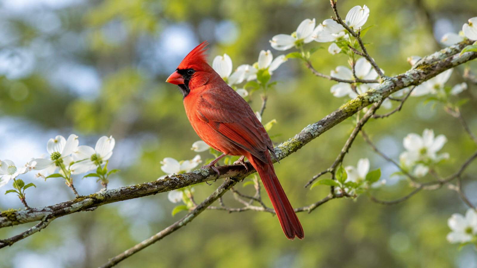 Adult male Northern Cardinal perched on a flowering dogwood branch
