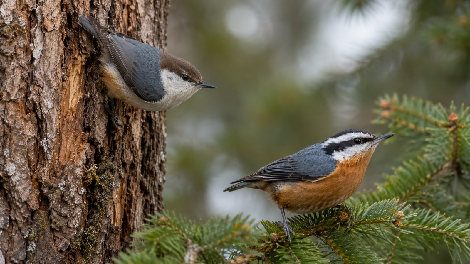 Pygmy Nuthatch and Red-breasted Nuthatch on bark and evergreen branches