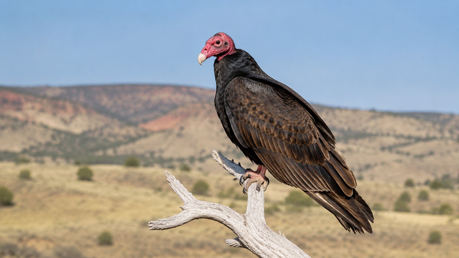 Adult Turkey Vulture with a bare red head perched on a dead branch above open country