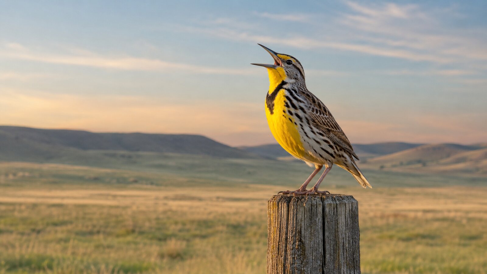 Western Meadowlark singing on a weathered post in open western prairie
