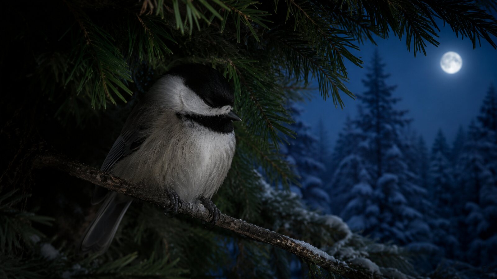 A small North American songbird resting in sheltered branches at dusk