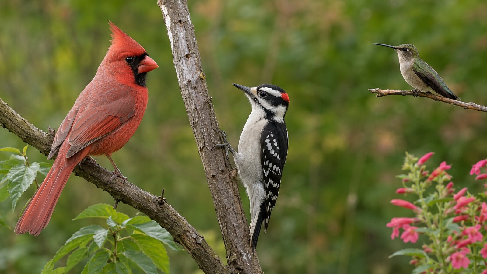 Northern Cardinal, Downy Woodpecker, and Ruby-throated Hummingbird showing different bill shapes